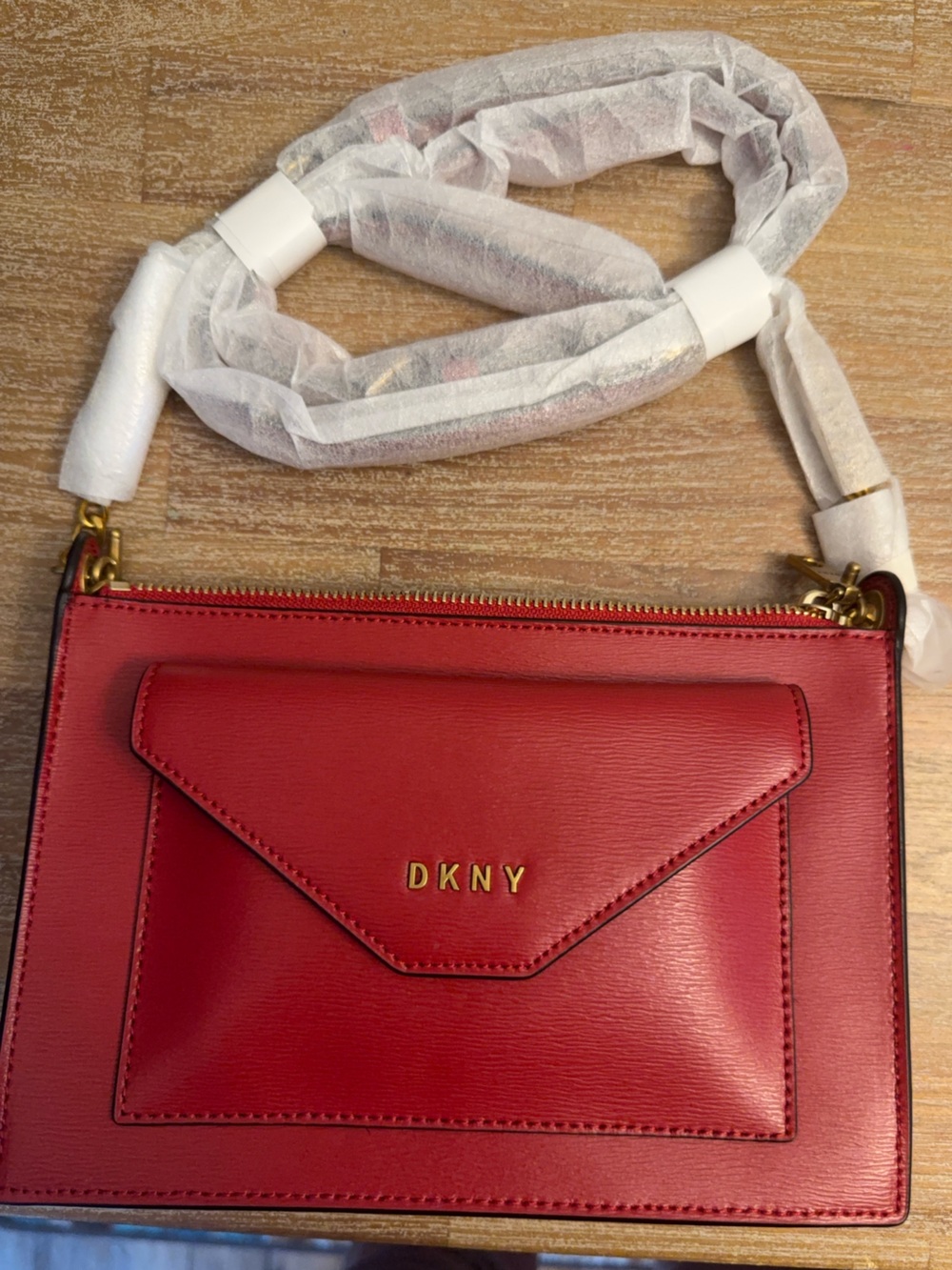 DKNY Red Leather Envelope Front Crossbody with Gold Hardware